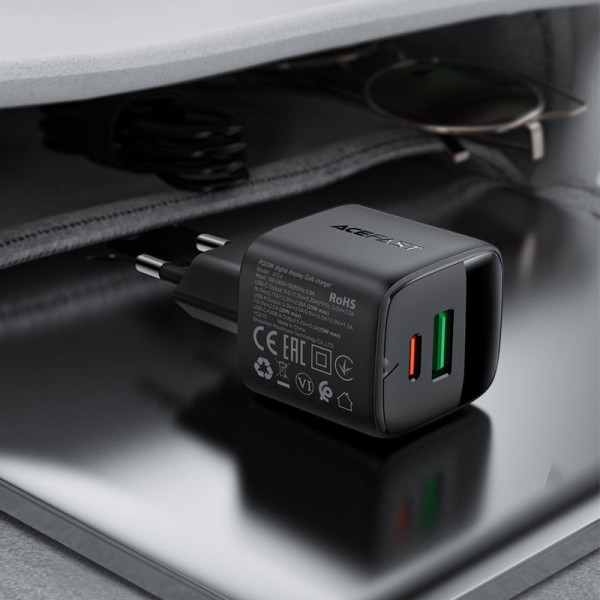 Incarcator de retea Acefast A114 PD25W GaN charger (USB-A+USB-C) with digital display [Black]