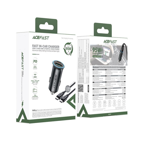 Incarcator auto Acefast B16 95W (USB-A+USB-C) dual port metal car charger set (P5) [Metal Grey]