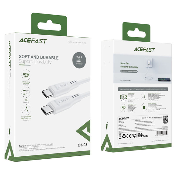 Кабель Acefast C3-03 USB-C to USB-C TPE charging data (60W) [White]