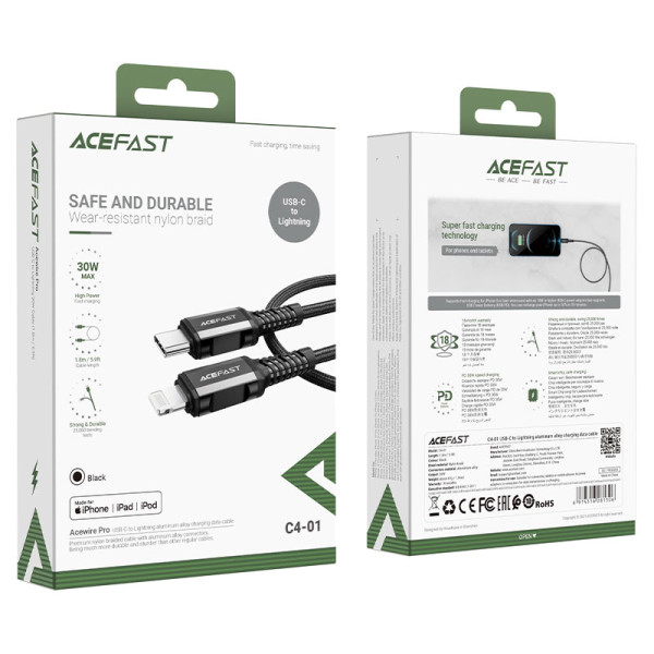 Cablu Acefast C4-01 USB-C to Lighting aluminum alloy (30W) [Black]