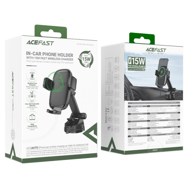 Suport Auto Acefast D49 press type wireless charging car holder for dashboard [Black]