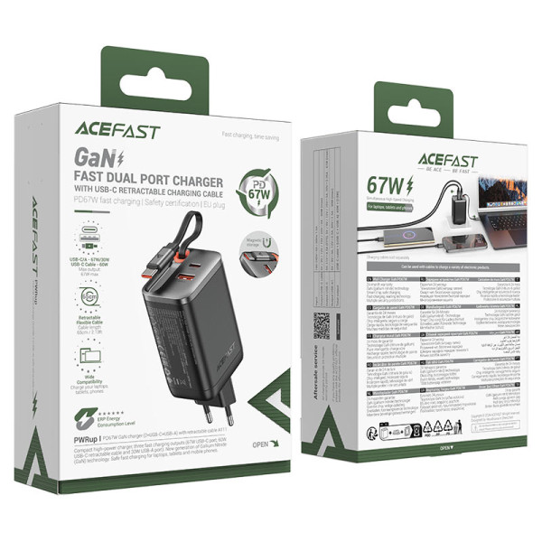 Зарядное устройство Acefast A111 PD67W GaN charger(2*USB-C+USB-A) with retractable cable [Black]