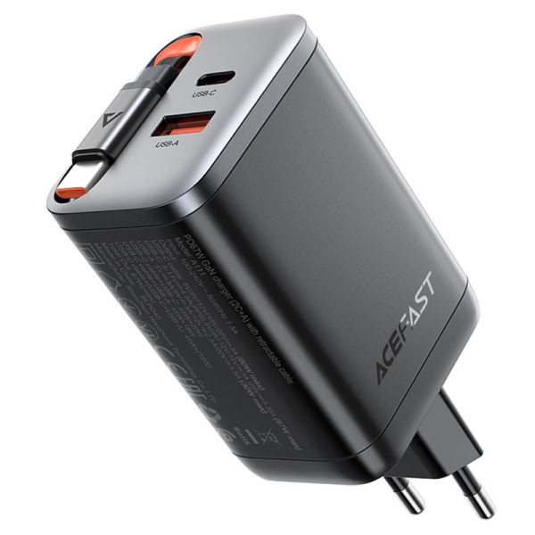 Зарядное устройство Acefast A111 PD67W GaN charger(2*USB-C+USB-A) with retractable cable [Black]
