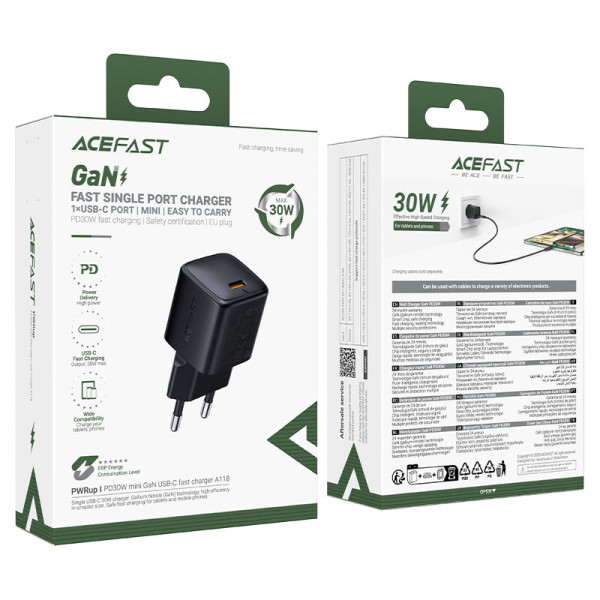 Зарядное устройство Acefast A118 PD30W mini GaN USB-C fast charger (EU) [Black]