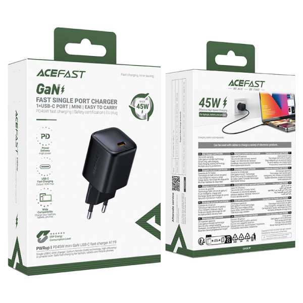Зарядное устройство Acefast A119 PD45W mini GaN USB-C fast charger (EU) [Black]