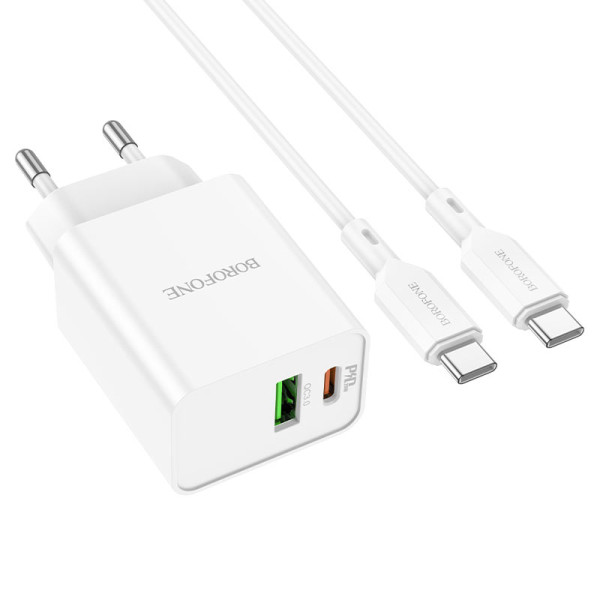 Incarcator de retea Borofone BA69A Resource + Cablu Type-C to Type-C(PD + QC3.)[White]