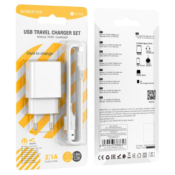 Incarcator de retea Borofone BA74A Aspirer + Cablu lighting (2.1 A) [White]