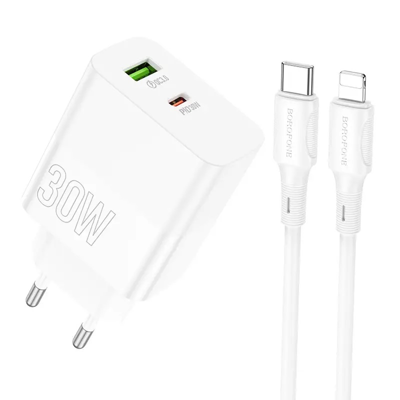Incarcator de retea Borofone BA75A Powerful + Cablu USB-C to Lighting (PD30W + QC3.0) [White]