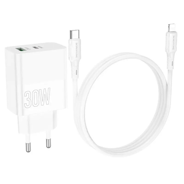 Incarcator de retea Borofone BA75A Powerful + Cablu USB-C to Lighting (PD30W + QC3.0) [White]