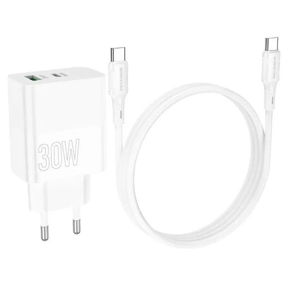 Incarcator de retea Borofone BA75A Powerful + Cablu USB-C to USB-C (PD30W + QC3.0) [White]