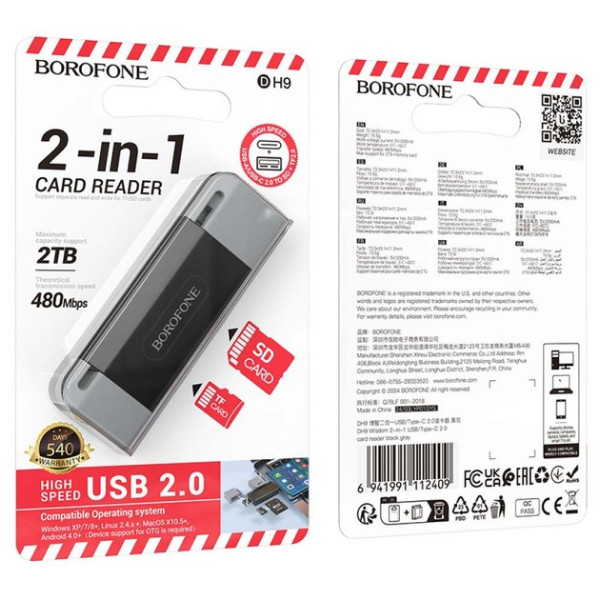Adaptor Borofone DH9 Wisdom 2-in-1 USB/Type-C 2.0 card reader [Black Grey]