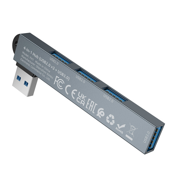 Adapter Borofone FH1 4-in-1 converter(USB to USB2.0*3+USB3.0), metal gray [Metal-Gray]