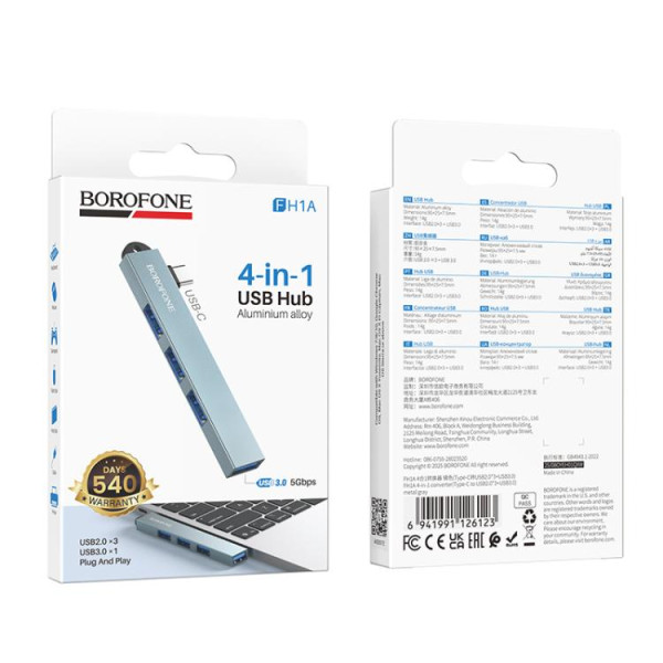 Адаптер Borofone FH1A 4-in-1 converter(USB to USB2.0*3+USB3.0), metal gray [Metal-Gray]