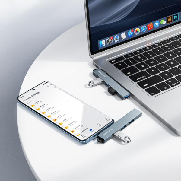Адаптер Borofone FH1A 4-in-1 converter(USB to USB2.0*3+USB3.0), metal gray [Metal-Gray]