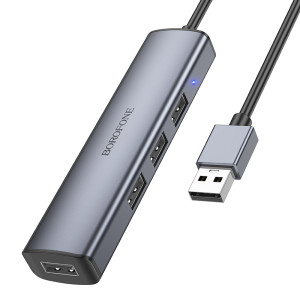 Adapter Borofone DH12 Smart 4-in-1 converter USB to USB2.0*4 (L=1.2M) [Metal-Gray]