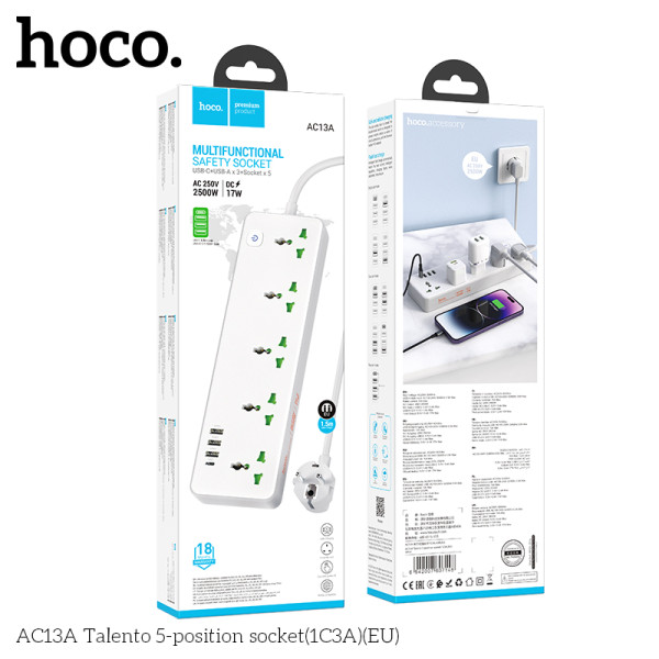 Prelungitor Hoco AC13A Talento 5-position socket(1C3A) [White]