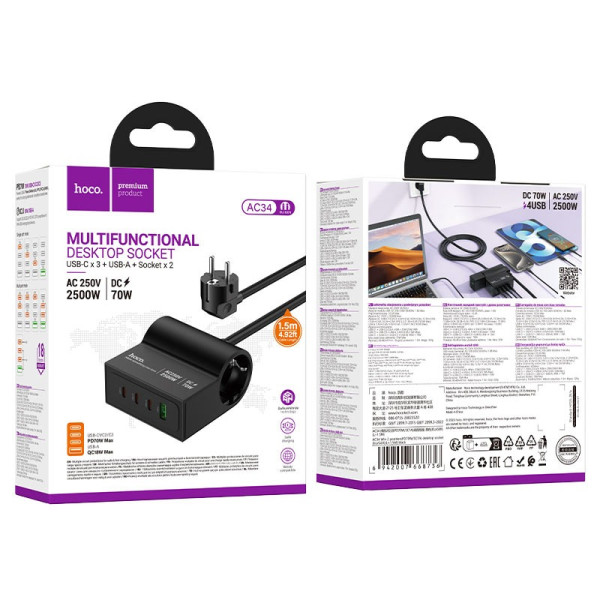 Incarcator de retea Hoco AC34 Win 2 position(PD70W/3C1A) desktop socket(EU/GER)(L=1.5M) [Black]