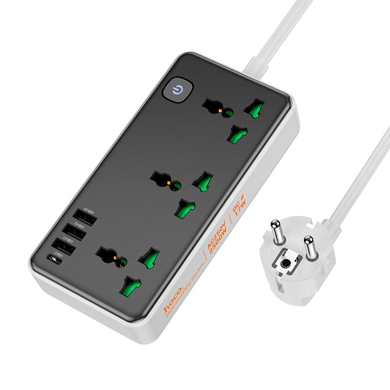 Prelungitor Hoco AC7A Storm 3-position socket (1*USB-C 3*USB) [Black]
