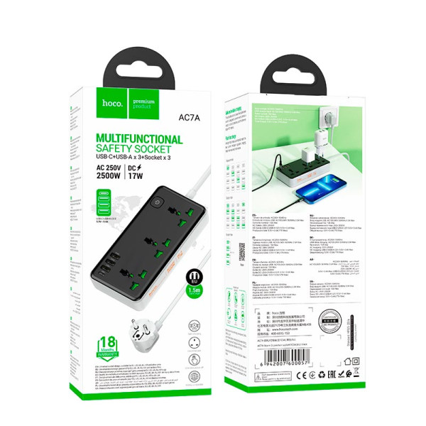 Prelungitor Hoco AC7A Storm 3-position socket (1*USB-C 3*USB) [Black]