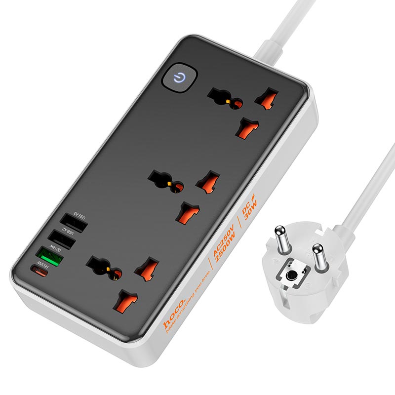 Prelungitor Hoco AC8A Storm 3-position socket (PD30W + 1*USB-C + 3*USB) [Black]