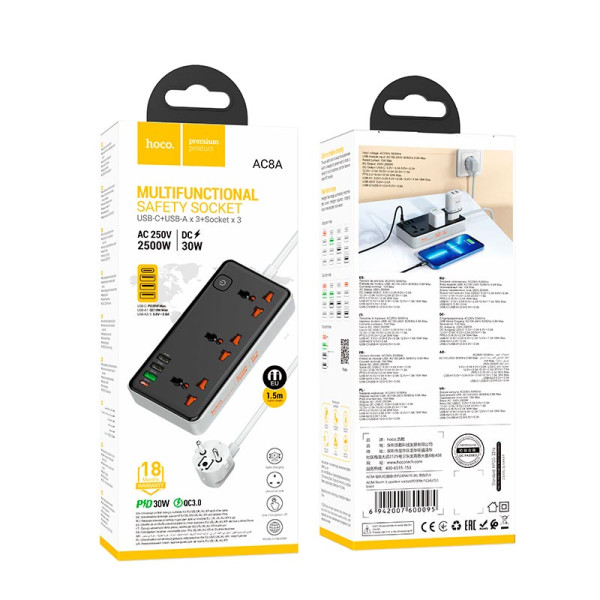 Prelungitor Hoco AC8A Storm 3-position socket (PD30W + 1*USB-C + 3*USB) [Black]