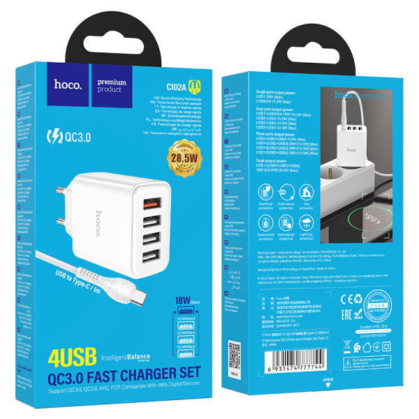 Incarcator de retea Hoco C102A Fuerza QC3.0 + Cablu Type-C [White]