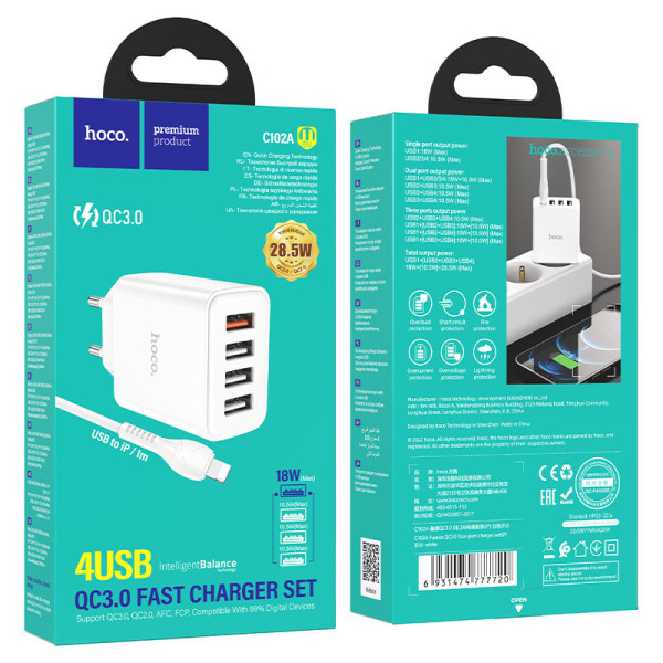 Incarcator de retea Hoco C102A Fuerza QC3.0 + Cablu Lightning [White]
