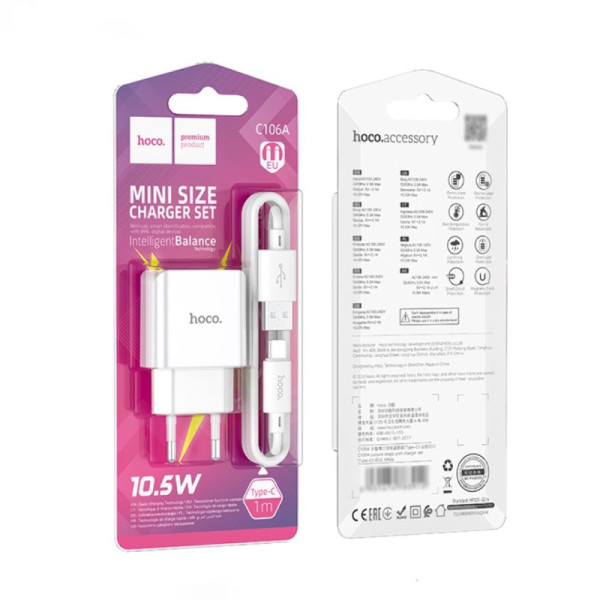 Incarcator de retea Hoco C106A Leisure + Cablu Type-C (2.1A) [White]