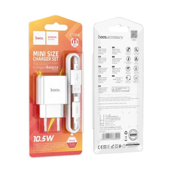 Incarcator de retea Hoco C106A Leisure + Cablu Micro USB  (2.1A) [White]