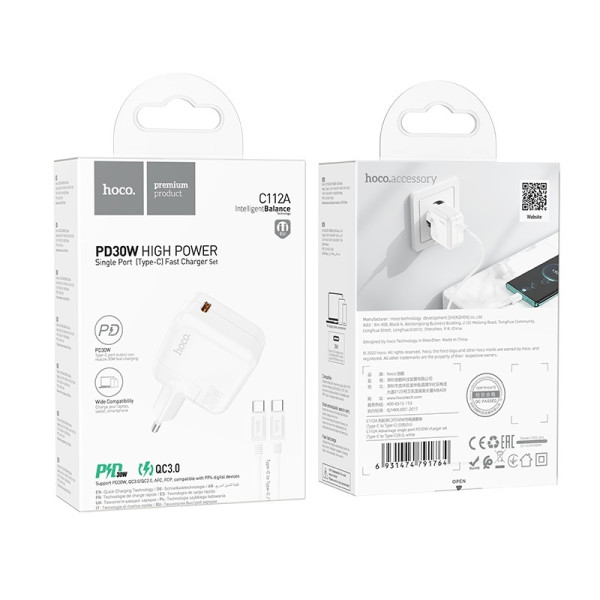 Incarcator de retea Hoco C112A Advantage + Cablu USB-C to USB-C (PD30W + QC3.0) [White]