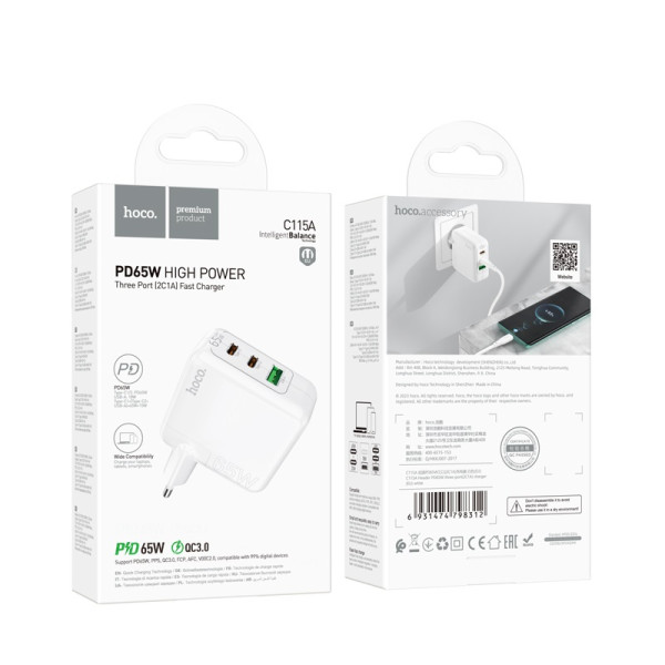 Incarcator Hoco C115A Heafer three port (2*C 1*A) (PD65W) [White]