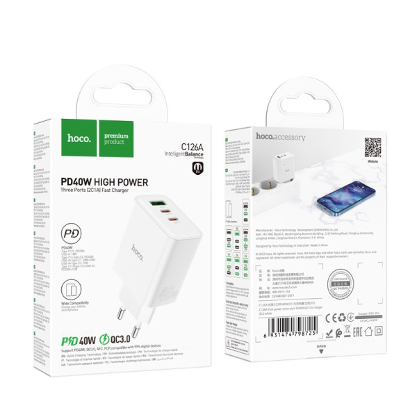 Зарядное устройство Hoco C126A Pure three-port 2-C 1-USB (PD40W) [White]
