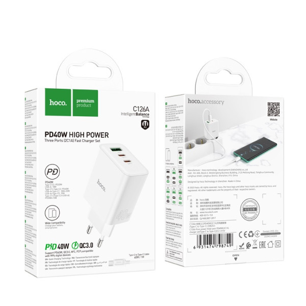 Зарядное Устройство Hoco C126A Pure USB-C to USB-C 2-C 1USB (PD40W) [White]