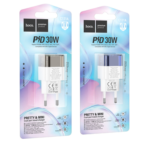 Зарядное устройство Hoco C131A Platinum dual-port (PD30W+QC3.0) [Transparent-Black]
