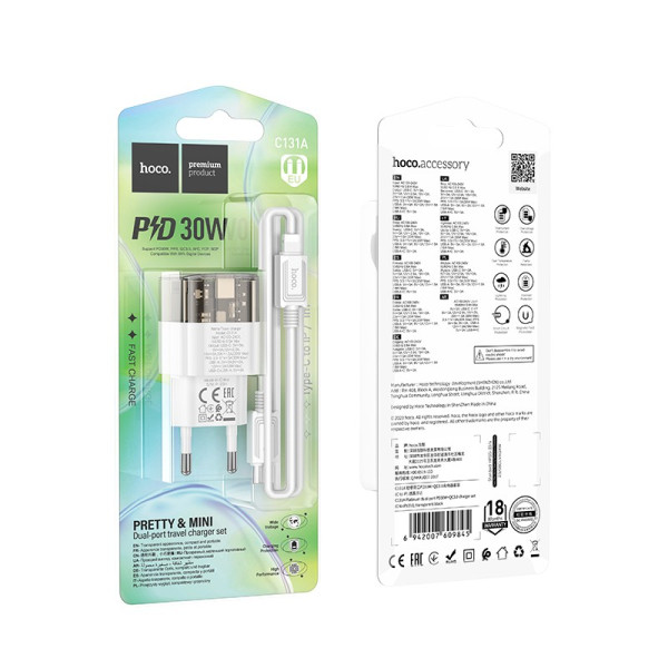 Зарядное устройство Hoco C131A PD30W+QC3.0 (C to iP) [Transparent-Black]