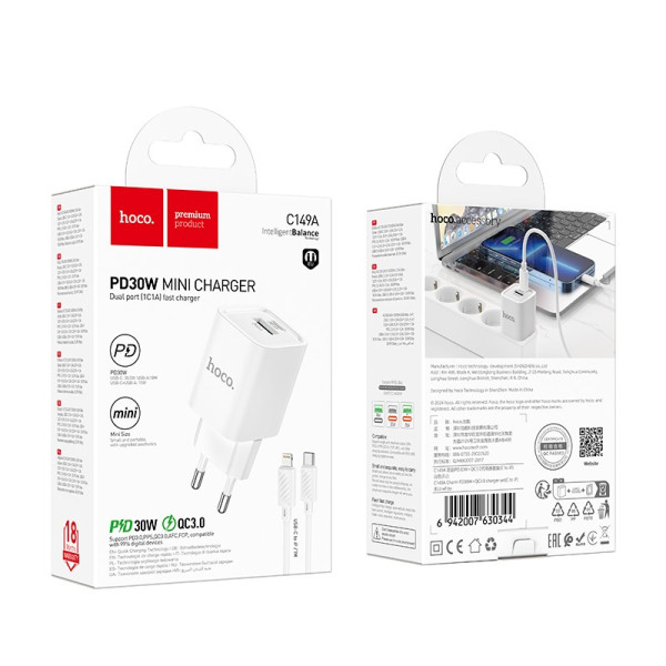 Incarcator de retea Hoco C149A Charm PD30W+QC3.0 charger set(C to iP) [White]