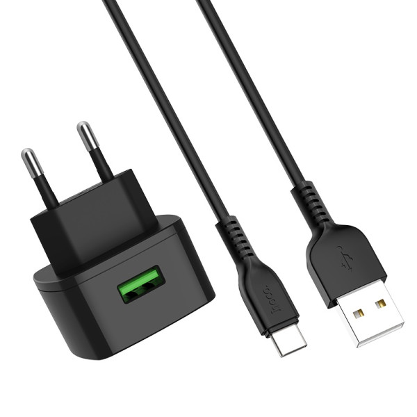 Incarcator de retea Hoco C70A Cutting-edge + Cablu Type-C (QC3.0) [Black]