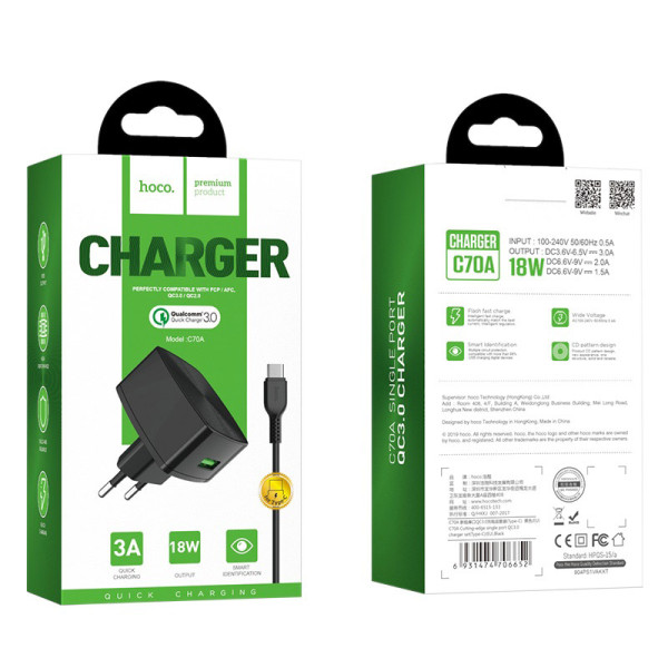 Incarcator de retea Hoco C70A Cutting-edge + Cablu Type-C (QC3.0) [Black]