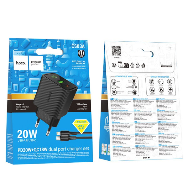 Incarcator de retea Hoco CS83A Excellent PD20W+QC3.0 charger with digital display set C to iP [Black]