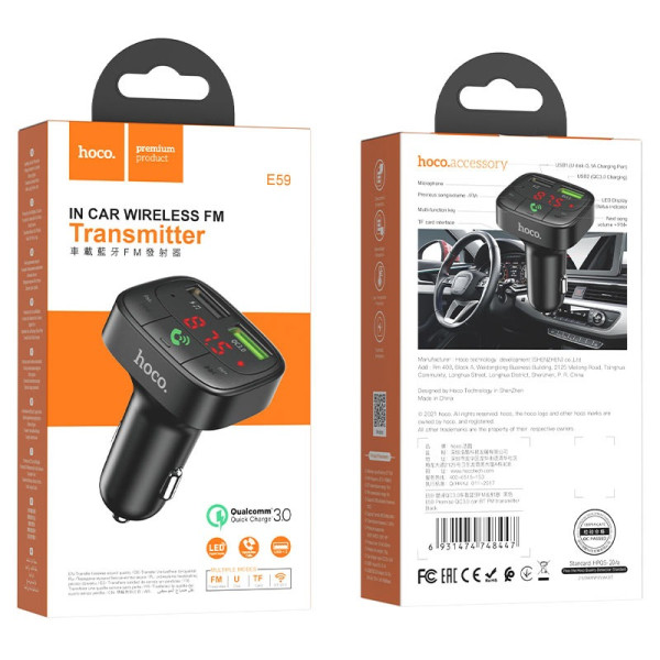 FM Modulator Hoco E59 Promise QC3.0 car BT FM transmitter [Black]