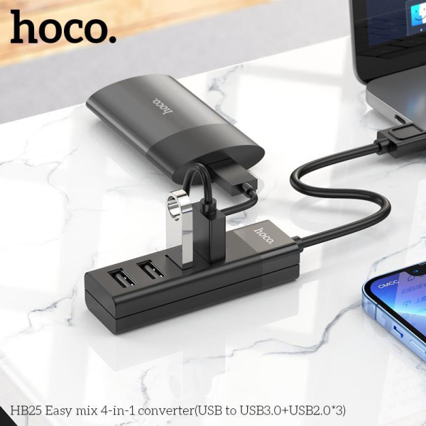Адаптер Hoco HB25 Easy mix 4 in 1 (USB to USB3.0+USB2.0 X3) [Black]