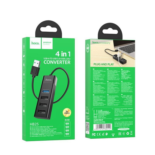 Адаптер Hoco HB25 Easy mix 4 in 1 (USB to USB3.0+USB2.0 X3) [Black]