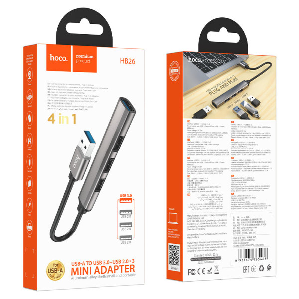 Adapter Hoco HB26 4in1 USB3.0+USB2.0*3 [Metal-Gray]