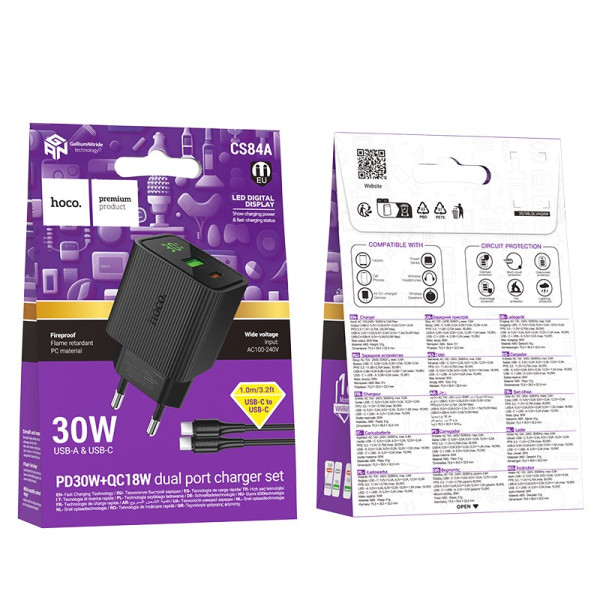 Incarcator de retea Hoco CS84A Excellent PD30W+QC3.0 charger with digital display set(C to C)(EU) [Black]