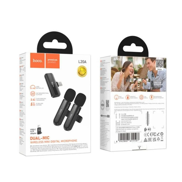 Microfon wireless Hoco L20A Fair dual-mic wireless microphone(iP/Type-C) [Black]