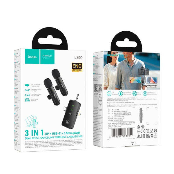 Microfon wireless Hoco L20C Fair dual-mic wireless microphone(iP/Type-C/3.5) [Black]