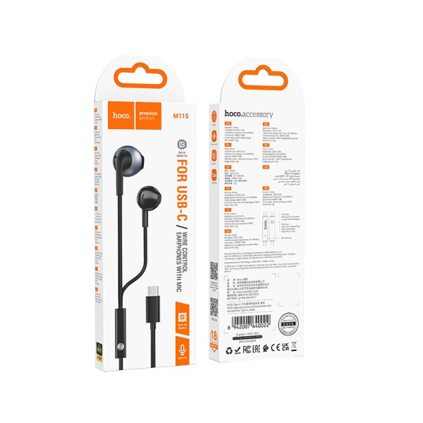 Casti Hoco M115 Sagacious universal earphones with microphone Type-C [Black]