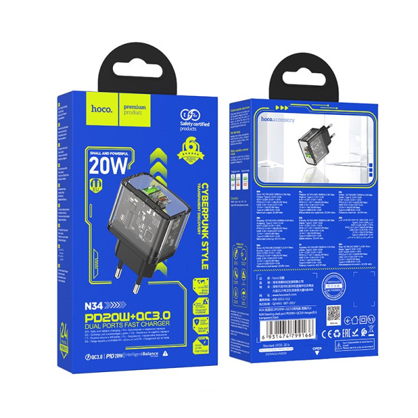 Incarcator de retea Hoco N34 Dazzling (PD20W+QC3.0) [Transparent-Black]
