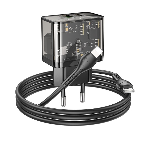 Incarcator de retea Hoco N34 Dazzling USB-C to Lighting (PD20W+QC3.0) [Transparent-Black]