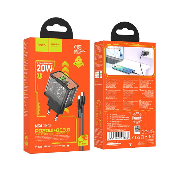 Incarcator de retea Hoco N34 Dazzling USB-C to USB-C (PD20W+QC3.0) [Transparent-Black]